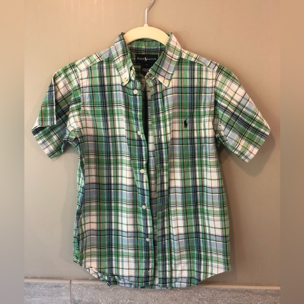 Green Plaid Short Sleeve Polo Button Down